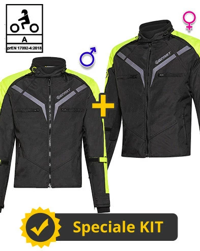 Kit Coppia Gamma CE Nero Giallo- Giacca Moto Certificata Befast Uomo + Donna 3 Kit Coppia Gamma CE Nero Giallo- Giacca Moto Certificata Befast Uomo + Donna