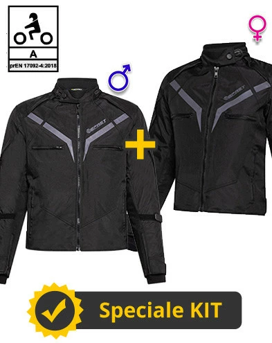 Kit Coppia Gamma CE Nero - Giacca Moto Certificata Befast Uomo + Donna 3 Kit Coppia Gamma CE Nero - Giacca Moto Certificata Befast Uomo + Donna