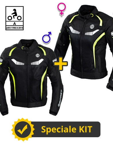 Kit Coppia Airtech CE Nero Giallo- Giacca Moto Estiva Certificata Befast Uomo + Donna 3 Kit Coppia Airtech CE Nero Giallo- Giacca Moto Estiva Certificata Befast Uomo + Donna