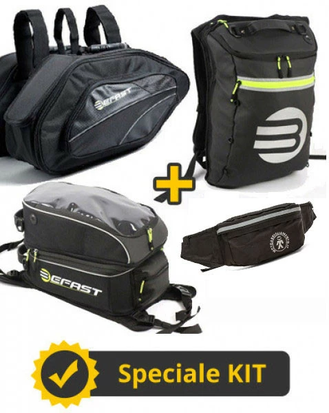 Kit Viaggio All Inclusive Befast - Coppia Borse Laterali + Borsa Serbatoio Grande 28lt + Zaino Moto Gerla 28lt + Marsupio 2 Kit Viaggio All Inclusive Befast - Coppia Borse Laterali + Borsa Serbatoio Grande 28lt + Zaino Moto Gerla 28lt + Marsupio