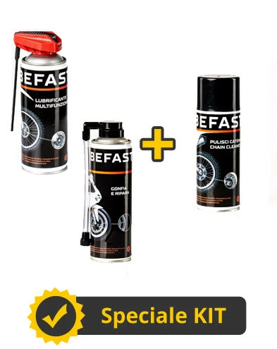 Kit Manutenzione E Cura Moto Befast - Lubrificante Multifunzionale + Spray Gonfia E Ripara + Pulitore Catena 3 Kit Manutenzione E Cura Moto Befast - Lubrificante Multifunzionale + Spray Gonfia E Ripara + Pulitore Catena